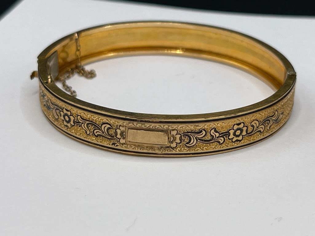 THREE VINTAGE GOLD-FILLED BRACELETS INCLUDING TWO HINGED BRACELETS WITH ETCHED PATTERNS - 5