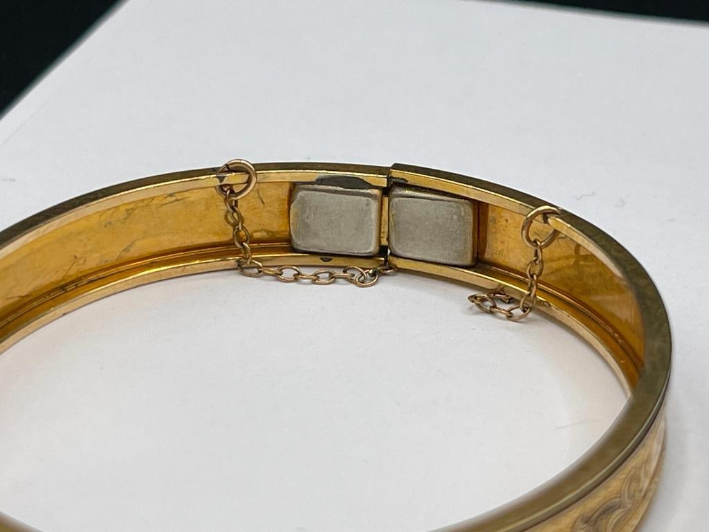 THREE VINTAGE GOLD-FILLED BRACELETS INCLUDING TWO HINGED BRACELETS WITH ETCHED PATTERNS - 7