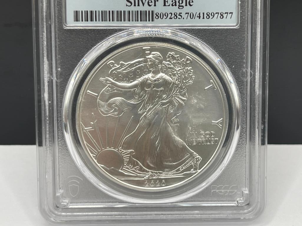 2020 AMERICAN SILVER EAGLE .999 FINE SILVER DOLLAR PCGS MS70 FIRST STRIKE - 2