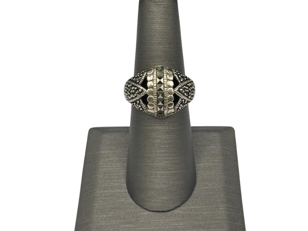 STERLING SILVER MARCASITE FASHION RING: SIZE 6 3/4, 5/8" FRONT, 6.81 GRAMS