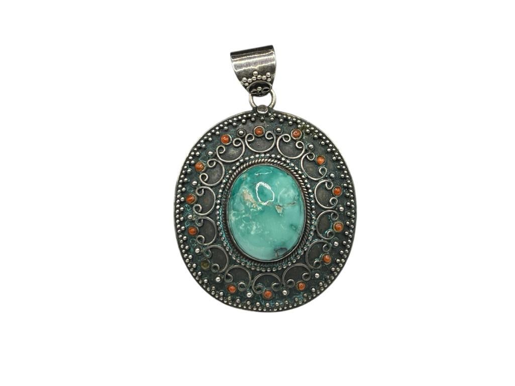 STERLING SILVER TURQUOISE AND CORAL OVAL PENDANT: 2 3/4", 28.36 GRAMS 