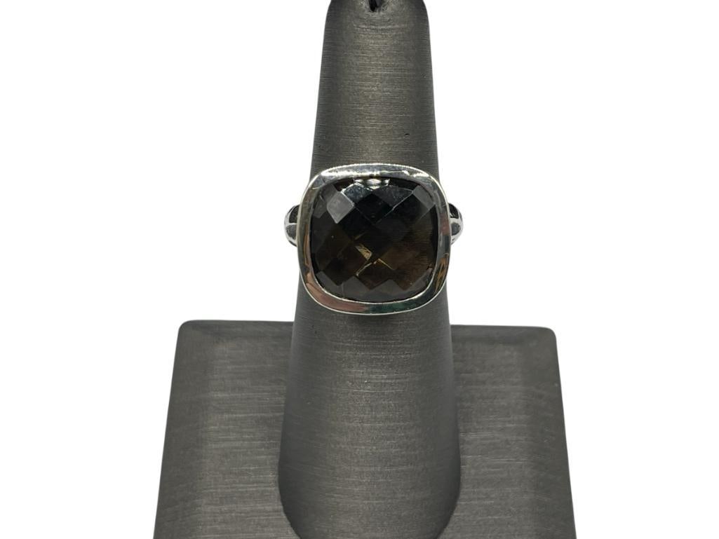 STERLING SILVER FACETED SMOKY QUARTZ FASHION RING FEATURING HAMMERED SILVER DESIGN: SIZE 6, 14MM QUARTZ, 9.00 GRAMS