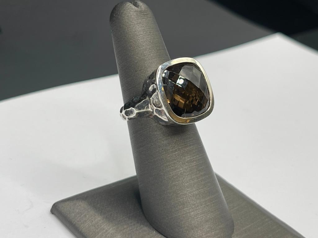 STERLING SILVER FACETED SMOKY QUARTZ FASHION RING FEATURING HAMMERED SILVER DESIGN - 2