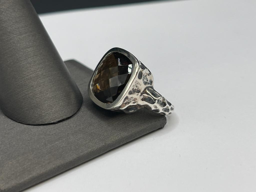 STERLING SILVER FACETED SMOKY QUARTZ FASHION RING FEATURING HAMMERED SILVER DESIGN - 3