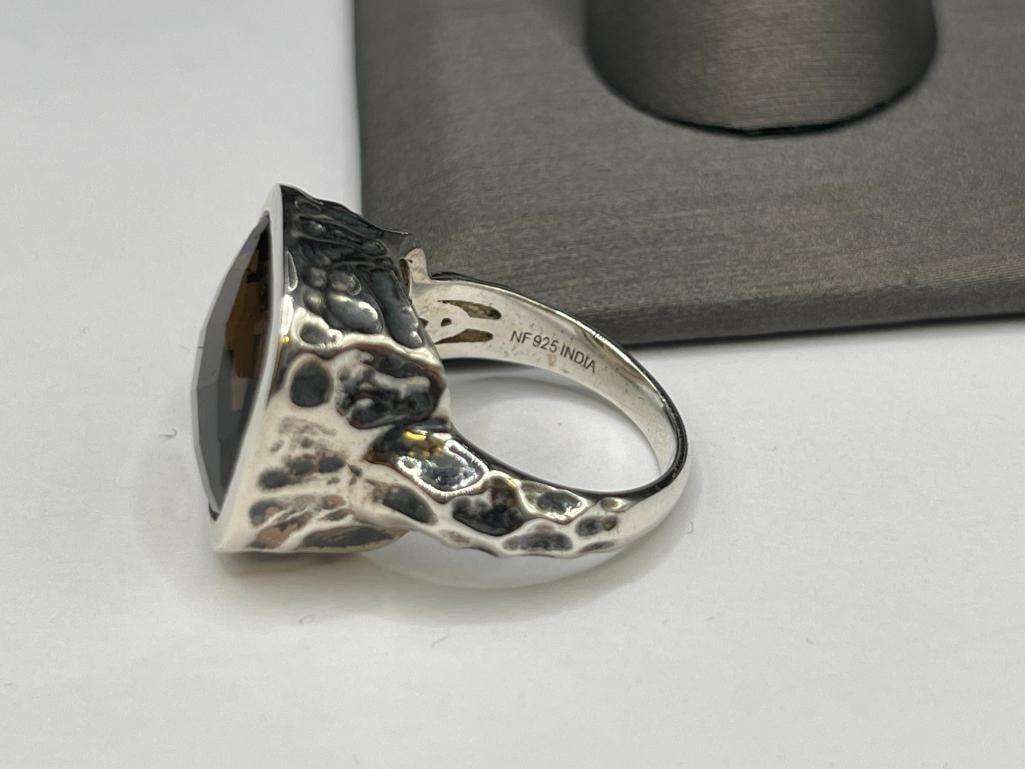 STERLING SILVER FACETED SMOKY QUARTZ FASHION RING FEATURING HAMMERED SILVER DESIGN - 5