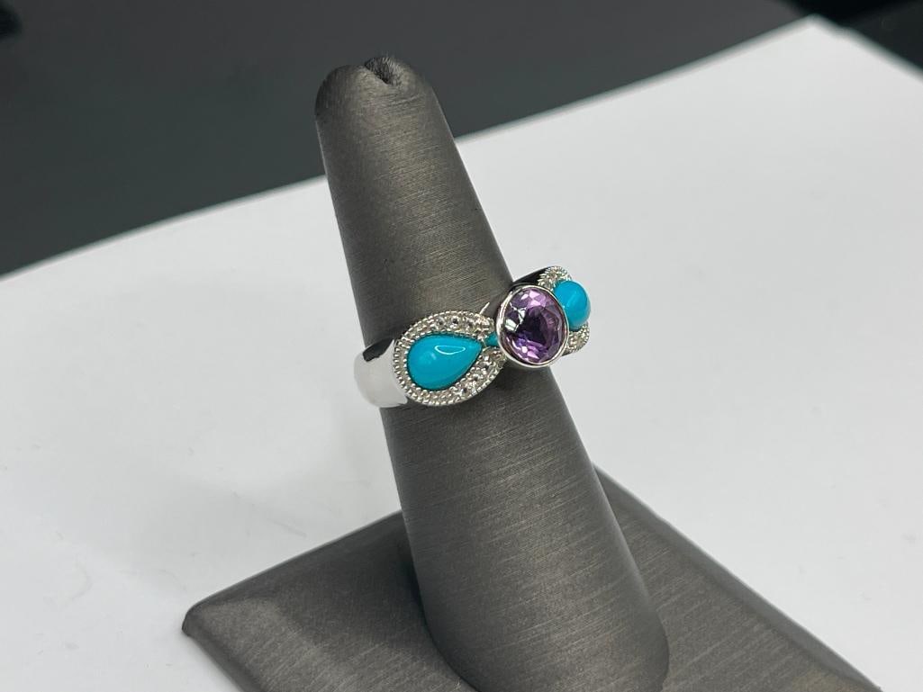 STERLING SILVER AMETHYST AND TURQUOISE FASHION RING - 2
