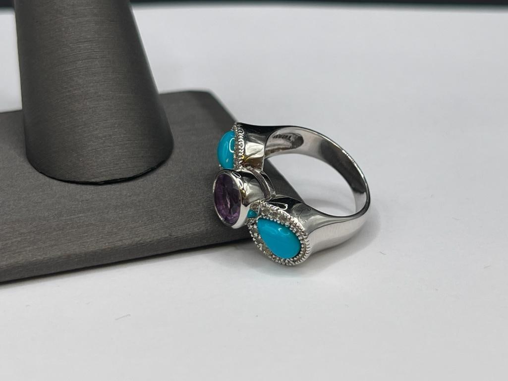 STERLING SILVER AMETHYST AND TURQUOISE FASHION RING - 3