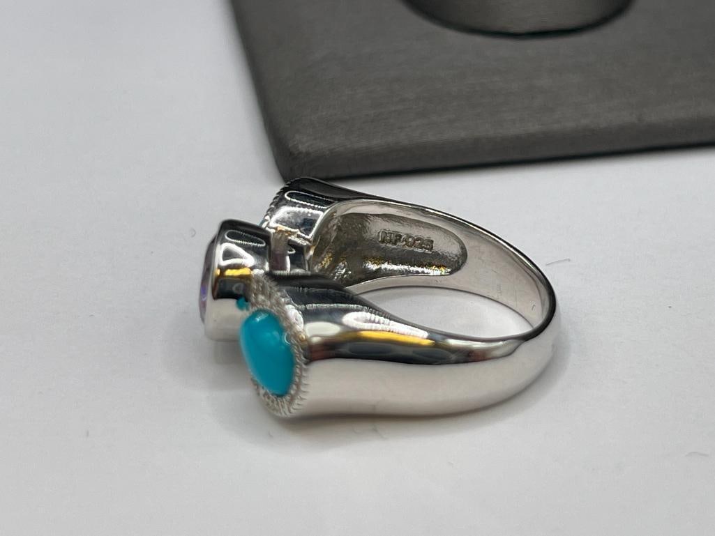 STERLING SILVER AMETHYST AND TURQUOISE FASHION RING - 5