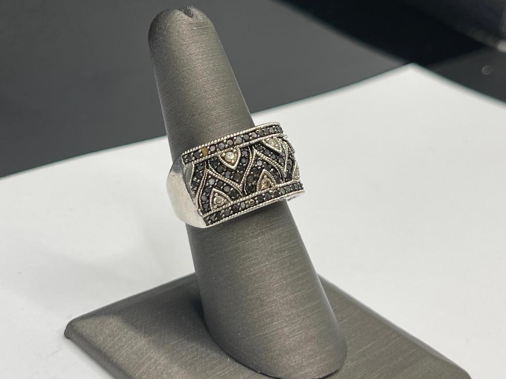 STERLING SILVER BLACK AND WHITE DIAMOND FASHION RING FEATURING NEARLY 100 DIAMONDS - 2