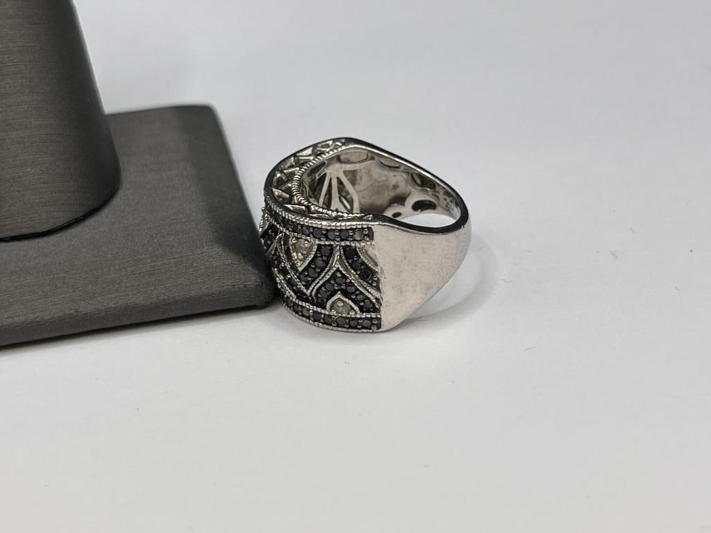 STERLING SILVER BLACK AND WHITE DIAMOND FASHION RING FEATURING NEARLY 100 DIAMONDS - 3