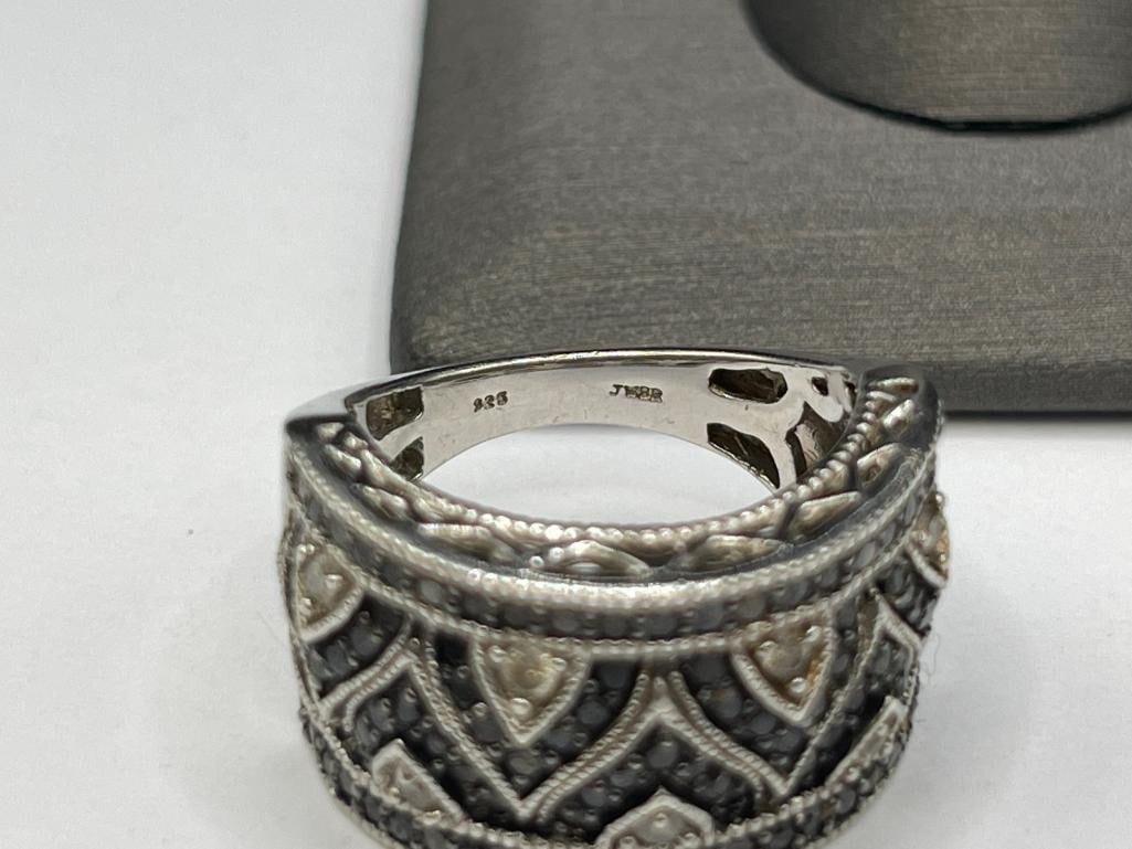STERLING SILVER BLACK AND WHITE DIAMOND FASHION RING FEATURING NEARLY 100 DIAMONDS - 4