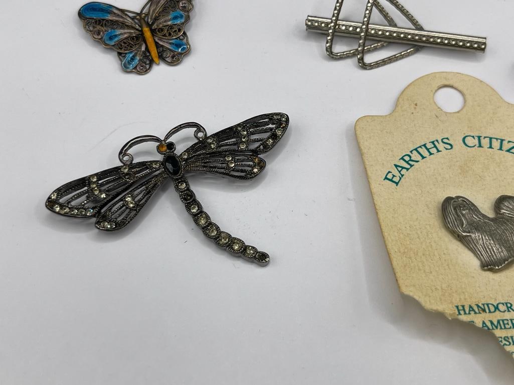 STERLING SILVER AND COSTUME JEWELRY PINS INCLUDING TWO MARCASITE DESIGNS AND ENAMELED BUTTERFLY - 2