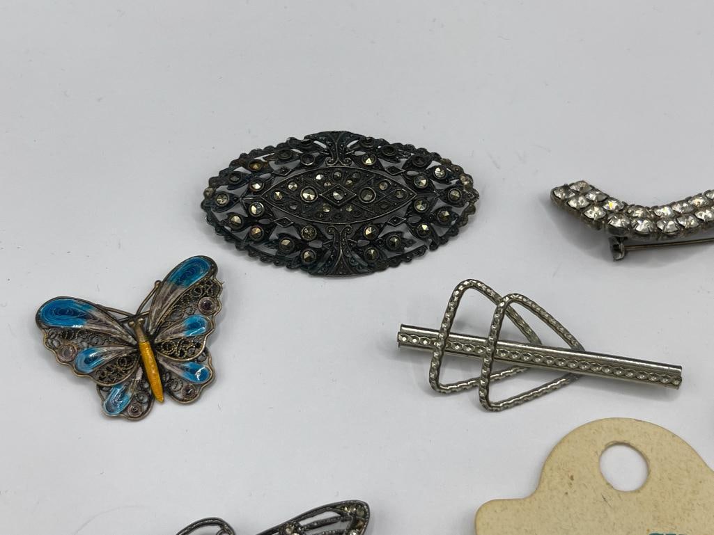 STERLING SILVER AND COSTUME JEWELRY PINS INCLUDING TWO MARCASITE DESIGNS AND ENAMELED BUTTERFLY - 3