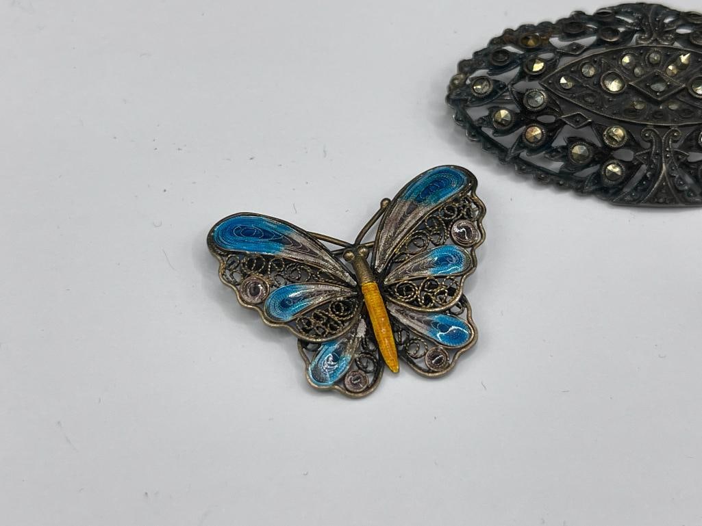STERLING SILVER AND COSTUME JEWELRY PINS INCLUDING TWO MARCASITE DESIGNS AND ENAMELED BUTTERFLY - 4
