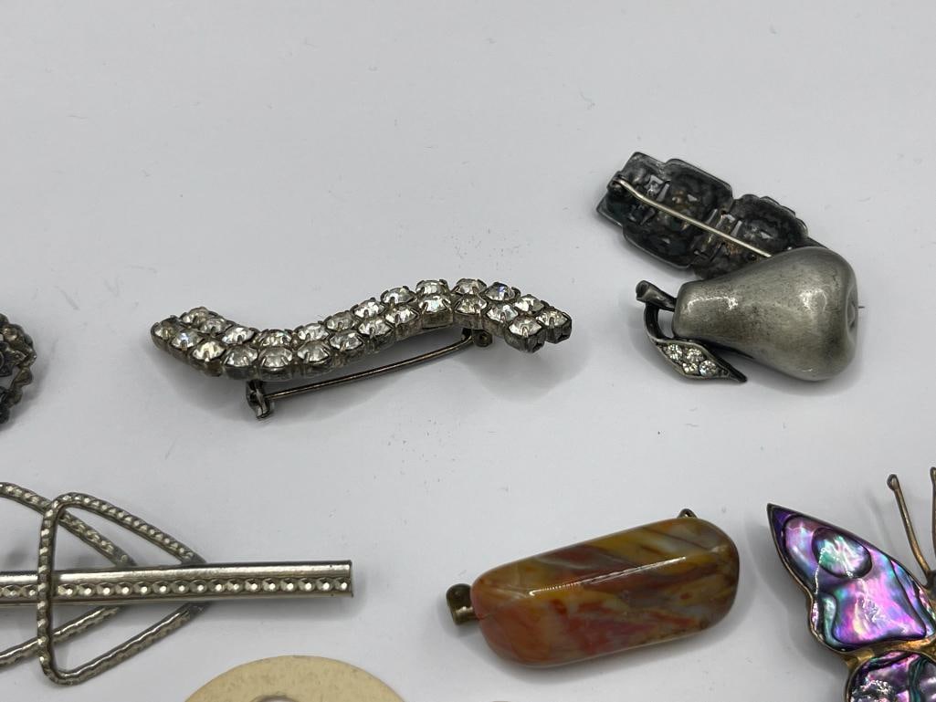 STERLING SILVER AND COSTUME JEWELRY PINS INCLUDING TWO MARCASITE DESIGNS AND ENAMELED BUTTERFLY - 5