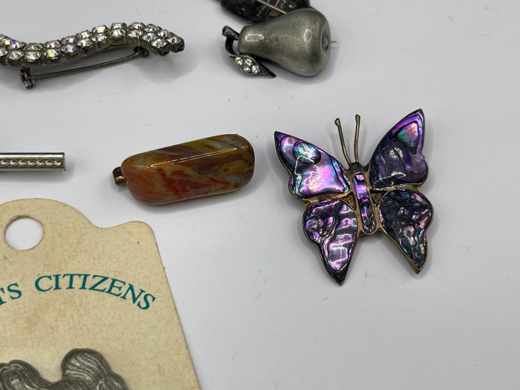 STERLING SILVER AND COSTUME JEWELRY PINS INCLUDING TWO MARCASITE DESIGNS AND ENAMELED BUTTERFLY - 6