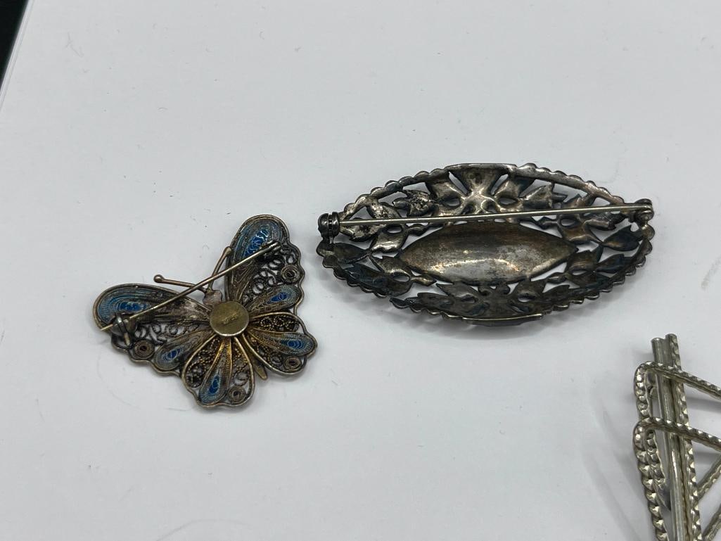 STERLING SILVER AND COSTUME JEWELRY PINS INCLUDING TWO MARCASITE DESIGNS AND ENAMELED BUTTERFLY - 7