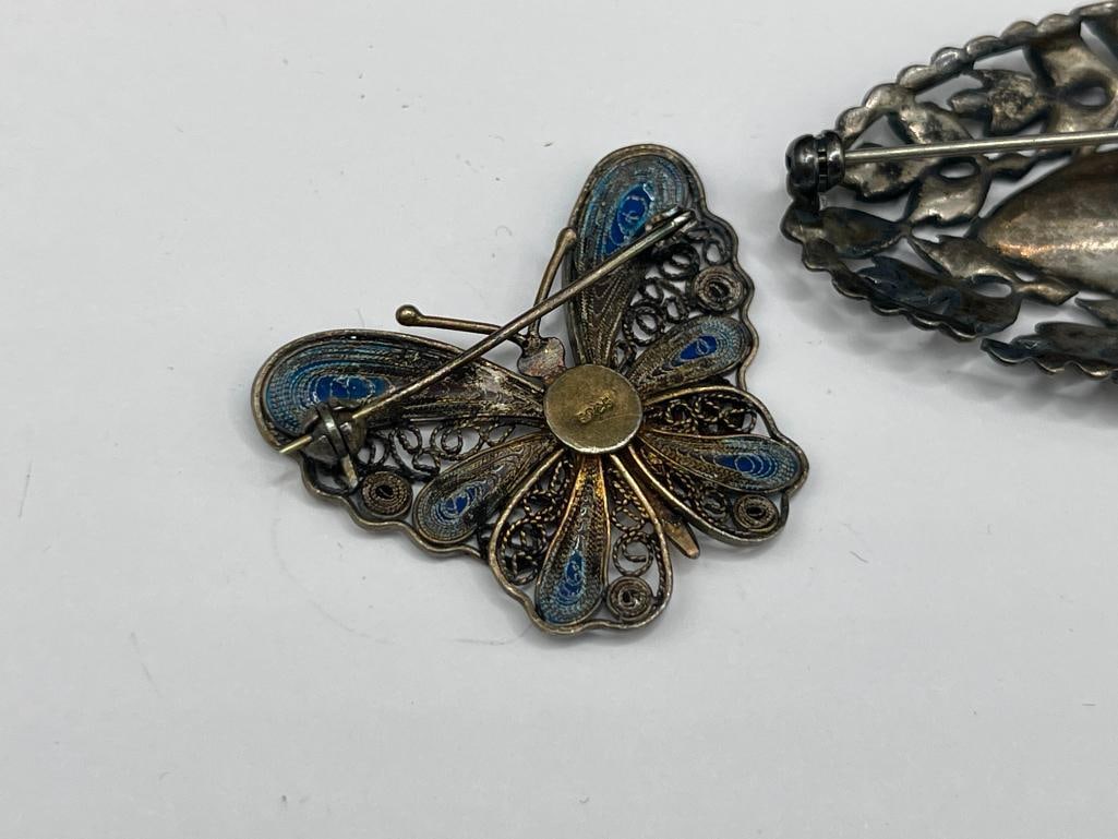 STERLING SILVER AND COSTUME JEWELRY PINS INCLUDING TWO MARCASITE DESIGNS AND ENAMELED BUTTERFLY - 8