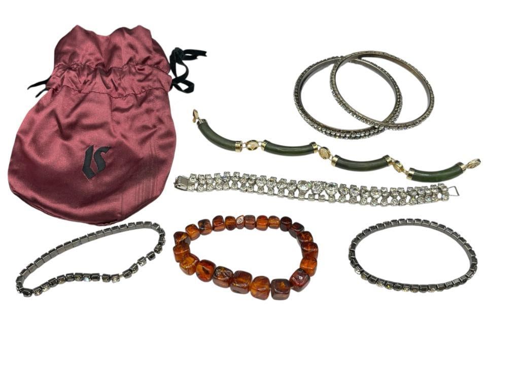 ASSORTED COSTUME JEWELRY BRACELETS INCLUDING RHINESTONE DESIGNS: INCLUDES SET OF THREE RHINESTONE BANGLE BRACELETS 