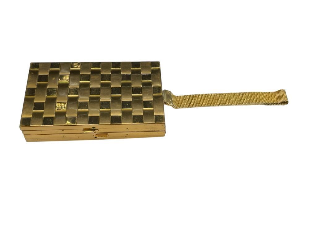 VINTAGE TWO-IN-ONE BRASS CIGARETTE CASE AND COMPACT LADIES PURSE: 5 1/4" X 3" WITH5 1/2" CHAIN STRAP 