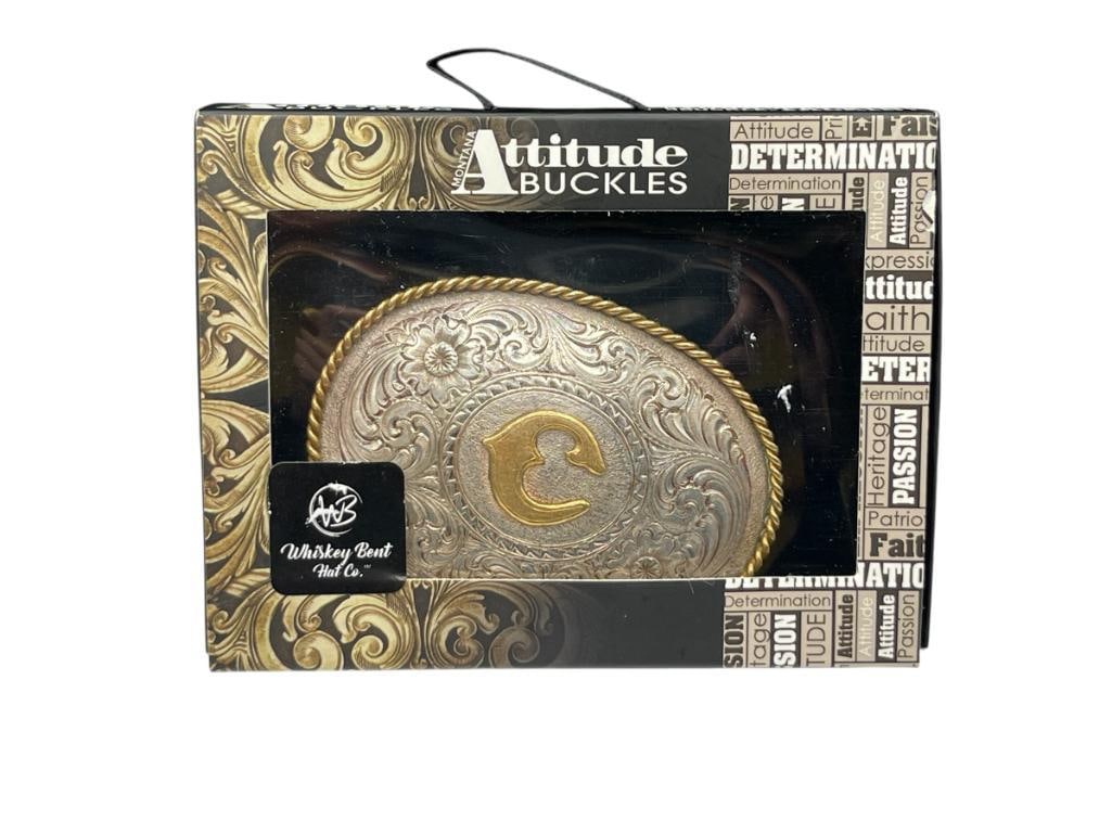 MONTANA SILVERSMITHS ATTITUDE BELT BUCKLE FEATURING GOLD TONE ACCENTS: INCLUDES ORIGINAL BOX 3 5/8" 