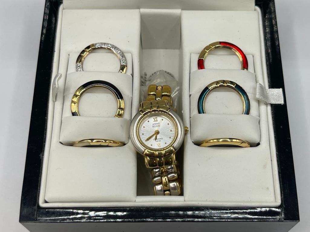 ANNE KLEIN GOLD TONE STAINLESS STEEL DESIGNER LADIES WRISTWATCH WITH ONE DIAMOND DIAL - 2