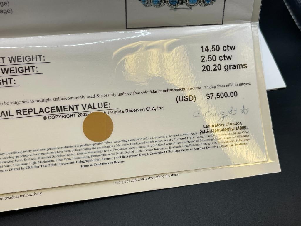 CHARMING 14K WHITE GOLD PLATED STERLING SILVER OVAL CABOCHON KYANITE AND DIAMOND BRACELET - 10