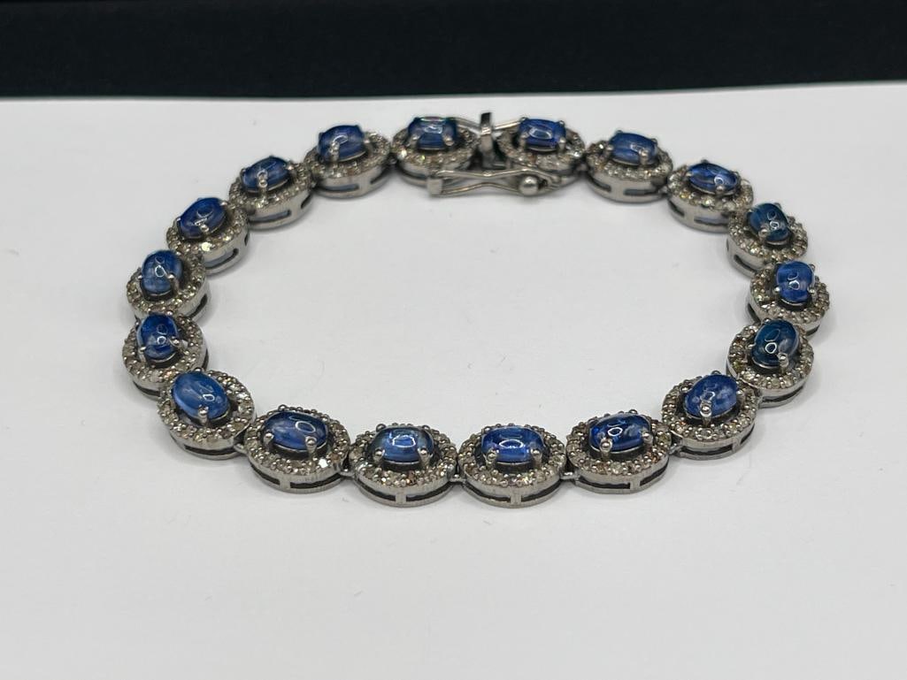 CHARMING 14K WHITE GOLD PLATED STERLING SILVER OVAL CABOCHON KYANITE AND DIAMOND BRACELET - 2