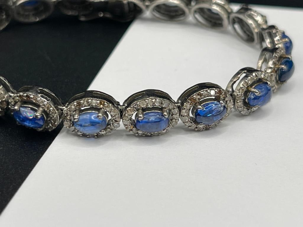 CHARMING 14K WHITE GOLD PLATED STERLING SILVER OVAL CABOCHON KYANITE AND DIAMOND BRACELET - 3