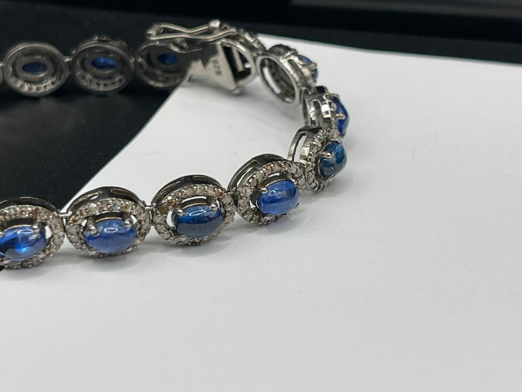 CHARMING 14K WHITE GOLD PLATED STERLING SILVER OVAL CABOCHON KYANITE AND DIAMOND BRACELET - 4