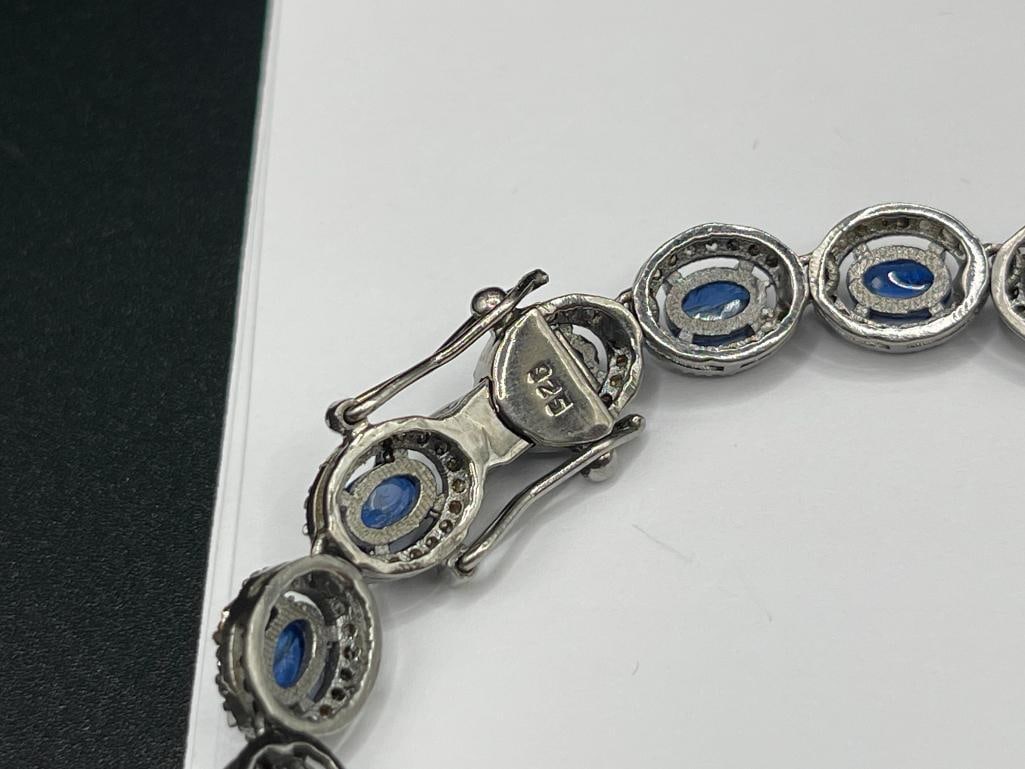 CHARMING 14K WHITE GOLD PLATED STERLING SILVER OVAL CABOCHON KYANITE AND DIAMOND BRACELET - 5