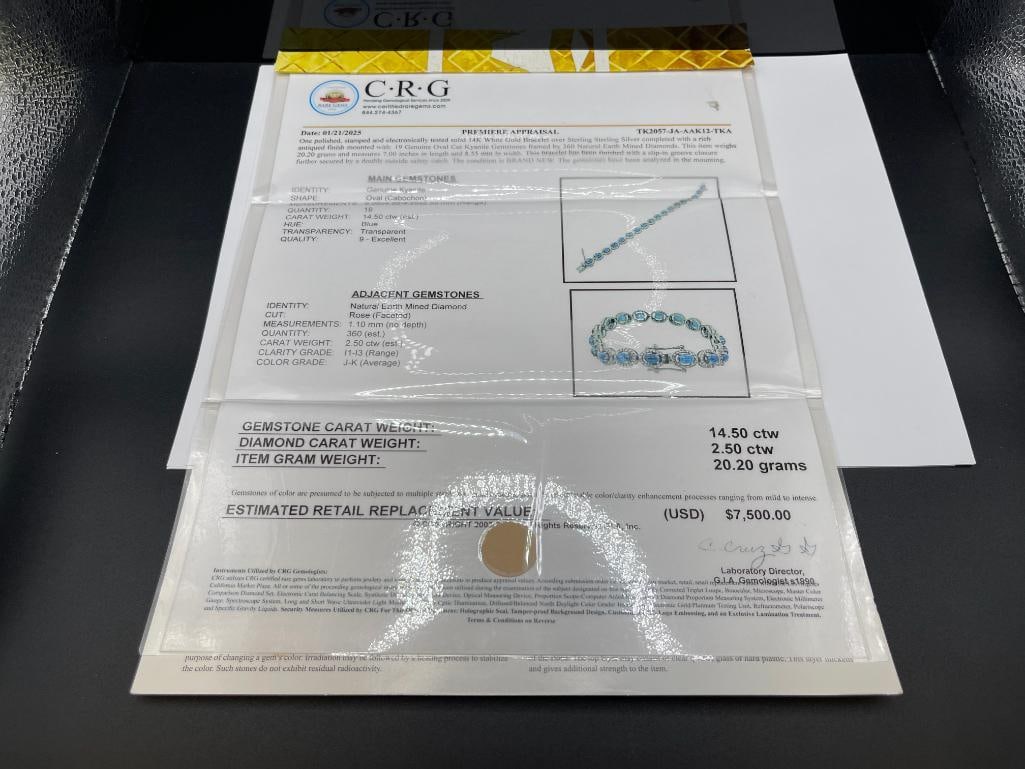 CHARMING 14K WHITE GOLD PLATED STERLING SILVER OVAL CABOCHON KYANITE AND DIAMOND BRACELET - 7