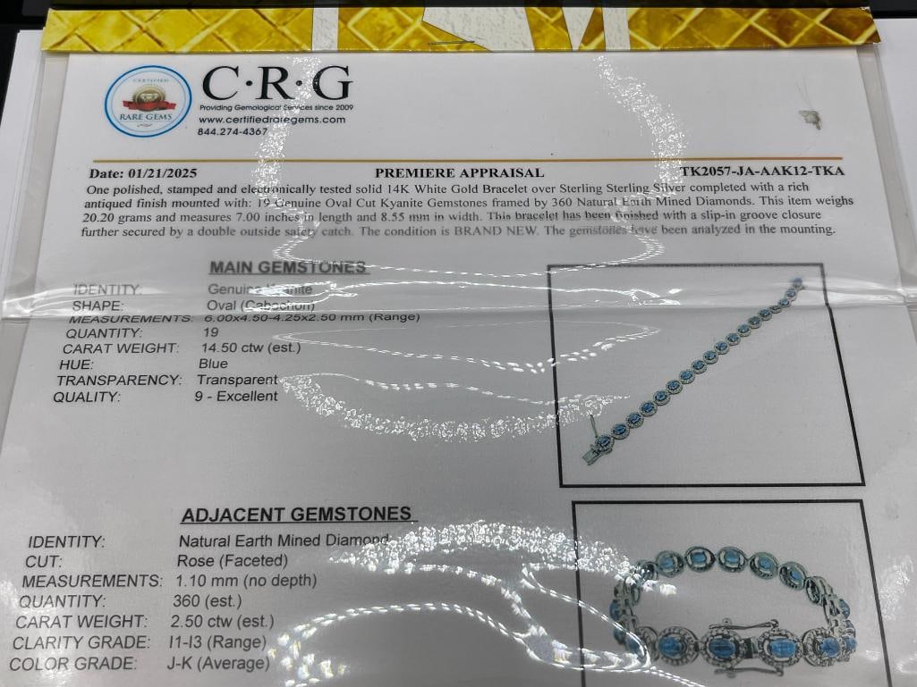 CHARMING 14K WHITE GOLD PLATED STERLING SILVER OVAL CABOCHON KYANITE AND DIAMOND BRACELET - 8