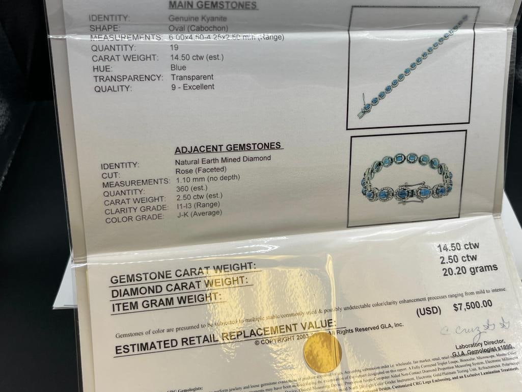 CHARMING 14K WHITE GOLD PLATED STERLING SILVER OVAL CABOCHON KYANITE AND DIAMOND BRACELET - 9