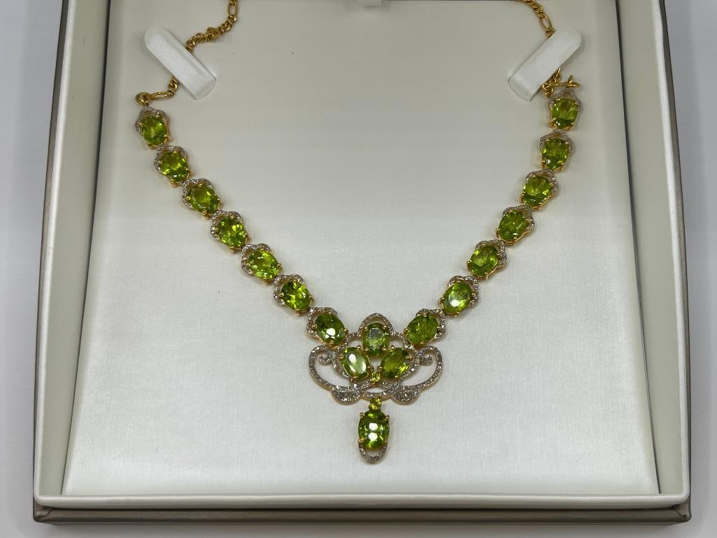 ELEGANT STERLING SILVER YELLOW GOLD OVERLAY PERIDOT AND DIAMOND NECKLACE - 2