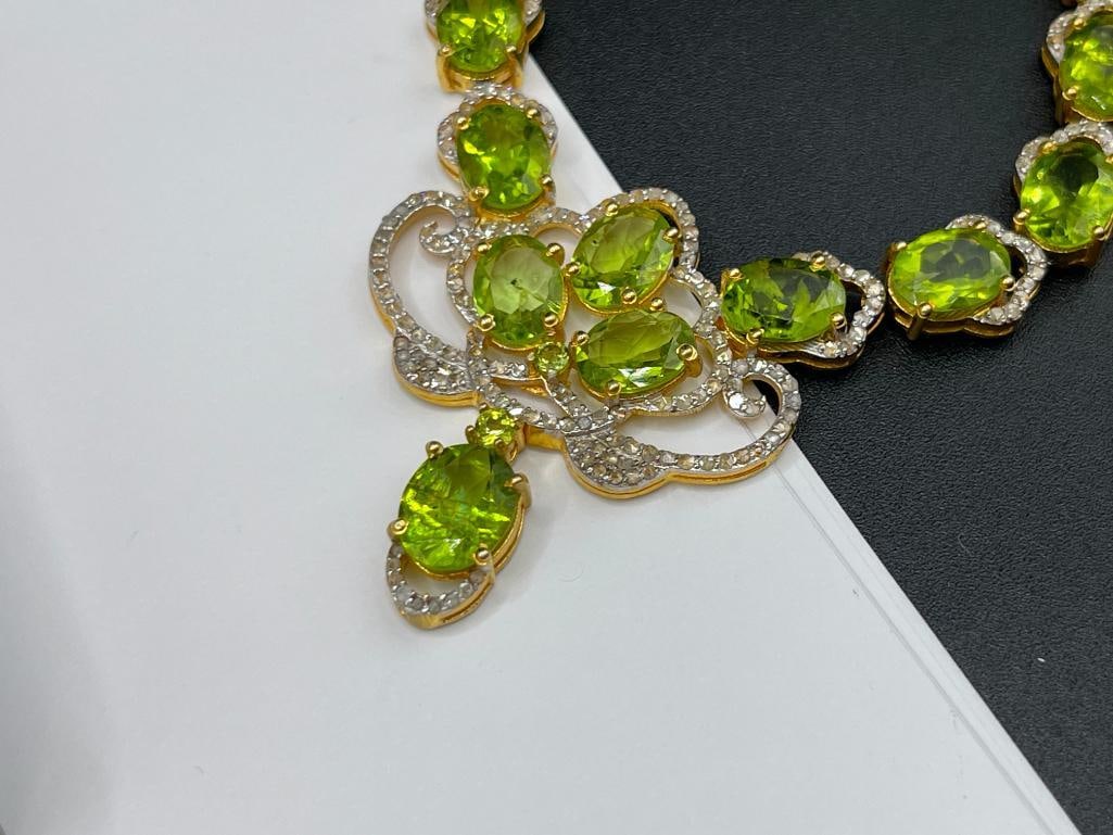 ELEGANT STERLING SILVER YELLOW GOLD OVERLAY PERIDOT AND DIAMOND NECKLACE - 7