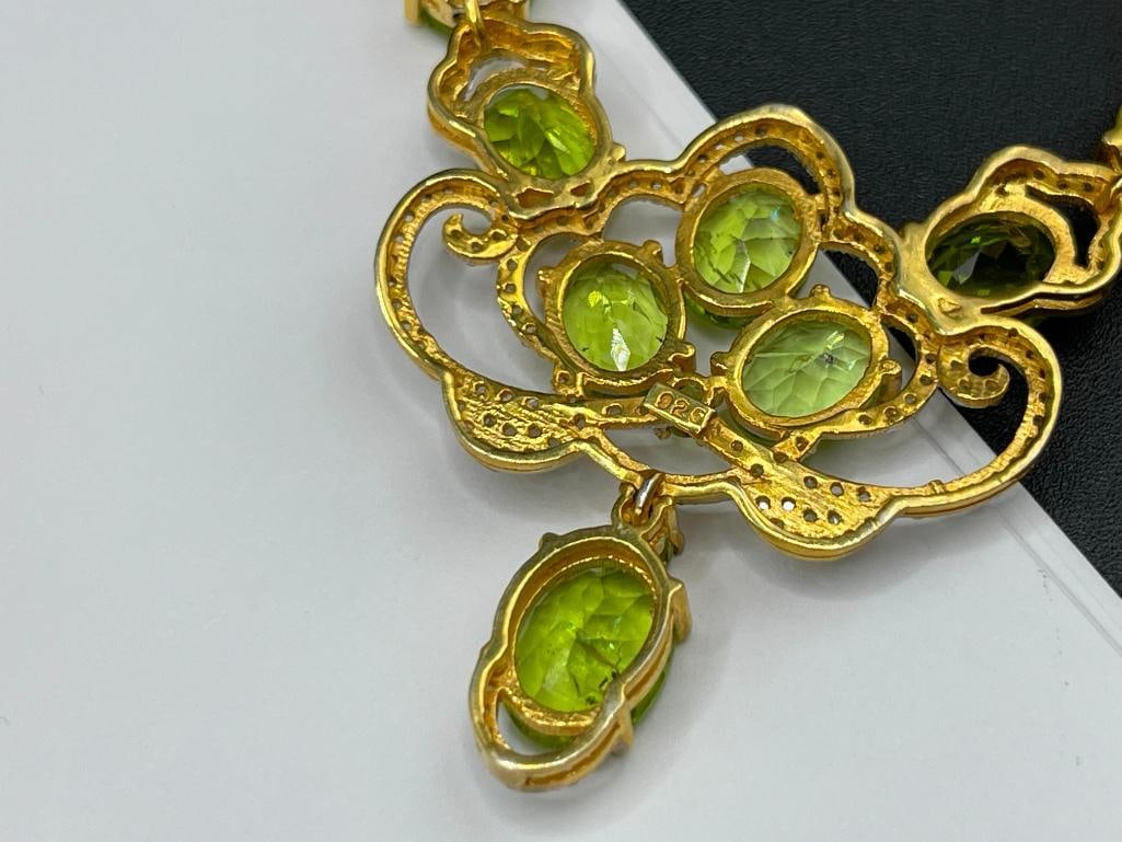 ELEGANT STERLING SILVER YELLOW GOLD OVERLAY PERIDOT AND DIAMOND NECKLACE - 9