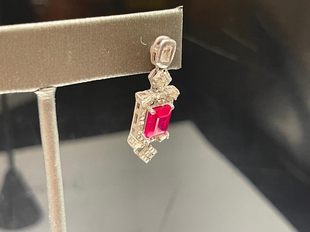 14K WHITE GOLD PLATED STERLING SILVER RUBY AND DIAMOND EARRINGS FEATURING EMERALD CUT RUBIES - 2