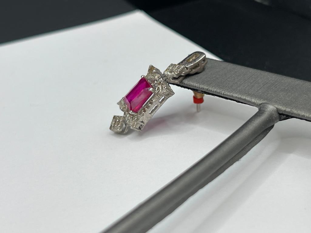 14K WHITE GOLD PLATED STERLING SILVER RUBY AND DIAMOND EARRINGS FEATURING EMERALD CUT RUBIES - 5