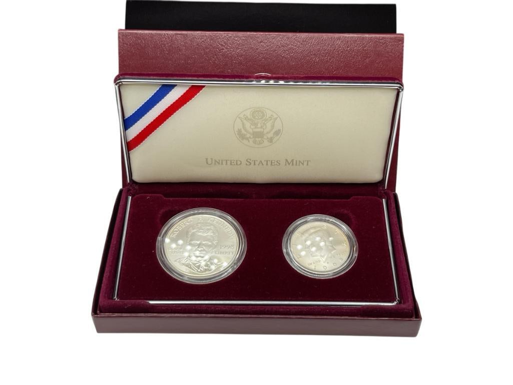 1998 U.S. MINT ROBERT F. KENNEDY MEMORIAL COMMEMORATIVE SILVER DOLLAR AND KENNEDY SILVER HALF DOL...: BOTH ARE 90% SILVER, INCLUDES ORIGINAL CASE, BOX, AND CERTIFICATE OF AUTHENTICITY 39.23 GRAMS TOTAL