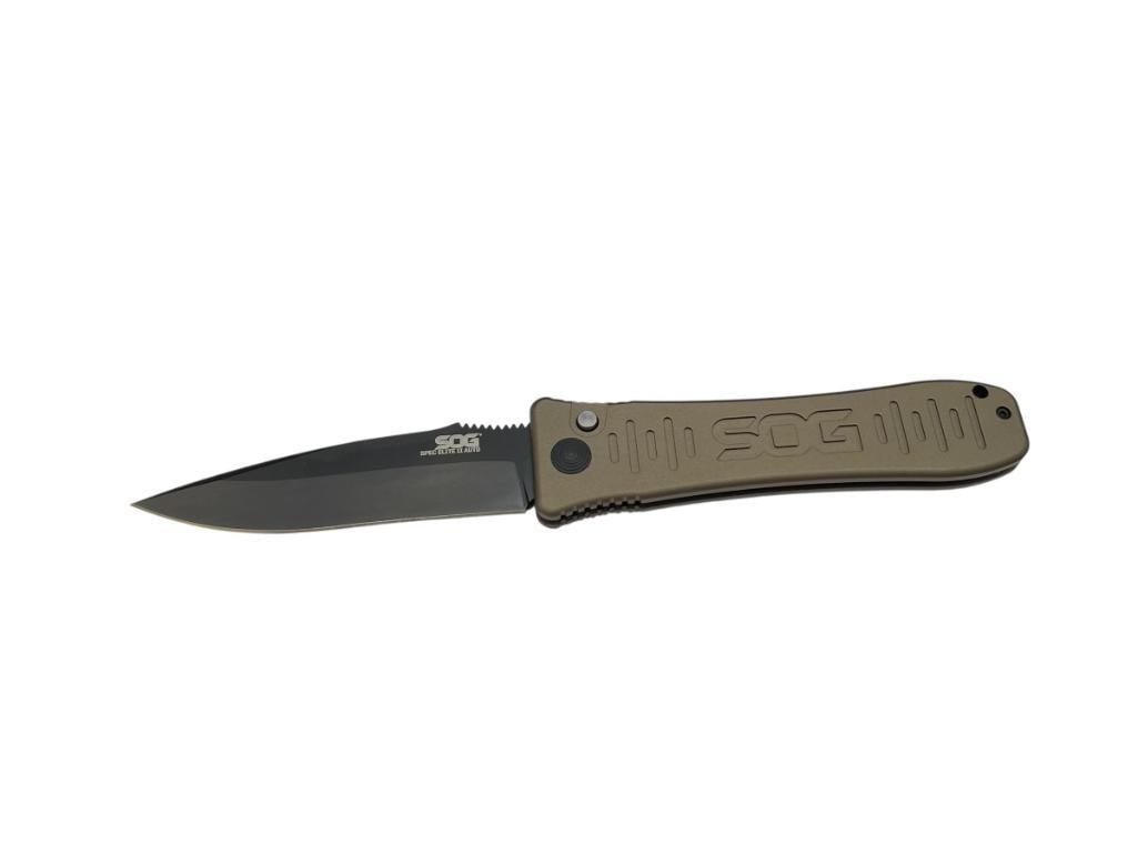 SOG SPECIAL ELITE II AUTO FOLDING LOCK BACK KNIFE: BLACK STAINLESS STEEL BLADE, BUTTON RELEASE BLADE, LIKE NEW CONDITION 4" BLADE, 8 3/4" TOTAL LENGTH