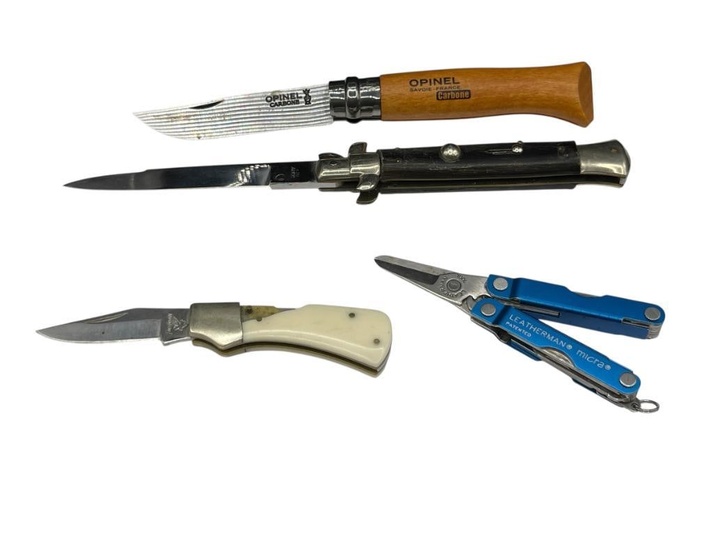 FOLDING KNIVES AND LEATHERMAN UTILITY TOOL: INCLUDES OPINEL SAVOIE FRANCE CARBONE FOLDING KNIFE WITH WOOD HANDLES, VINTAGE ITALIAN DESIGN SWITCHBLADE, AND FOLDING KNIFE WITH BROKEN HANDLE LARGEST BLADE IS 4"