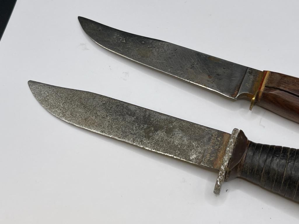 TWO VINTAGE FIXED BLADE KNIVES INCLUDING SCHRADE-WALDEN H-15 LEATHER WRAPPED HANDLE KNIFE - 2
