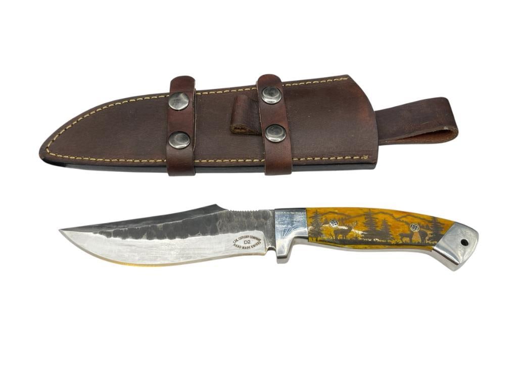 C.F.K. CUTLERY COMPANY D2 HANDMADE CUSTOM FIXED BLADE KNIFE FEATURING FULL TANG BLADE: ETCHED DESIGN BUCK AND DOE WILDLIFE SCENE ON BONE HANDLE, INCLUDES LEATHER SHEATH, CLIP-POINT BLADE 5 1/2" BLADE, 10 3/4" TOTAL LENGTH