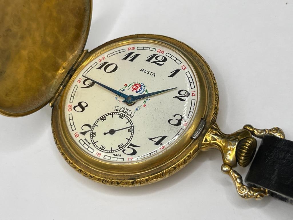 VINTAGE STAR WATCH CO. 17 JEWELS UNADJUSTED POCKET WATCH WITH CAT ENGINES TENCO WATCH FOB - 4