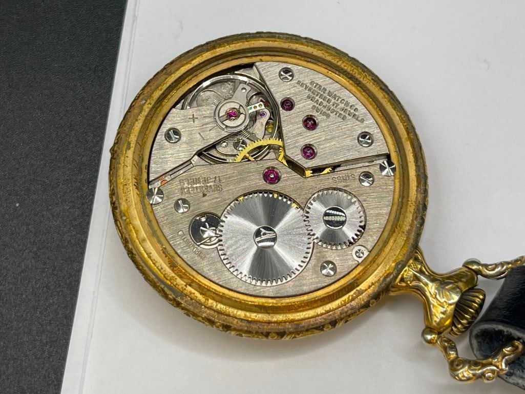 VINTAGE STAR WATCH CO. 17 JEWELS UNADJUSTED POCKET WATCH WITH CAT ENGINES TENCO WATCH FOB - 5