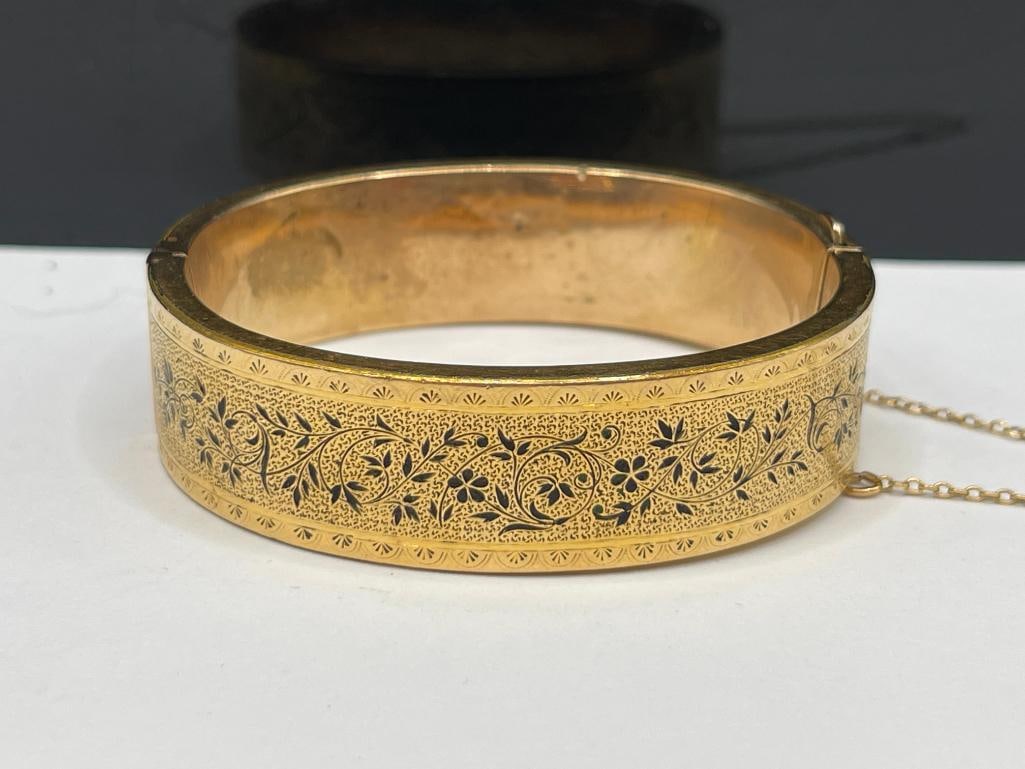 ANTIQUE GOLD FILLED ECTHED FLORAL MOTIF BANGLE BRACELET MARKED 1884 - 2