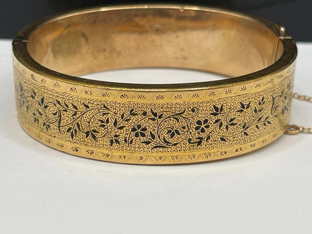 ANTIQUE GOLD FILLED ECTHED FLORAL MOTIF BANGLE BRACELET MARKED 1884 - 3
