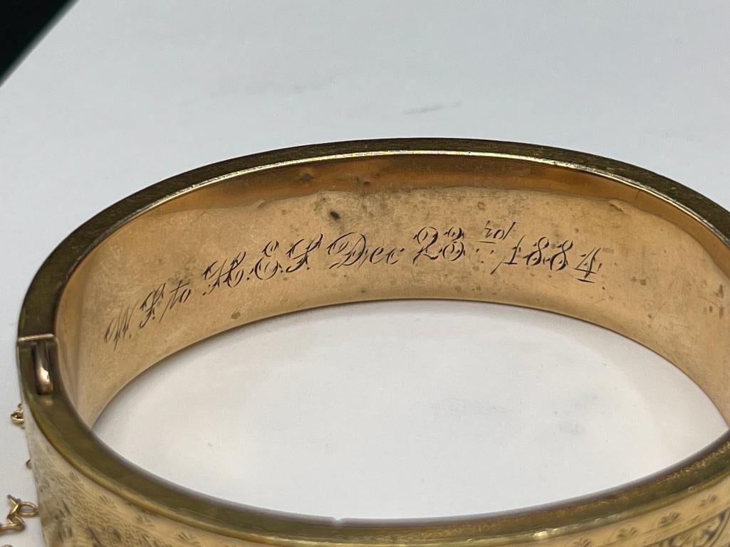 ANTIQUE GOLD FILLED ECTHED FLORAL MOTIF BANGLE BRACELET MARKED 1884 - 5