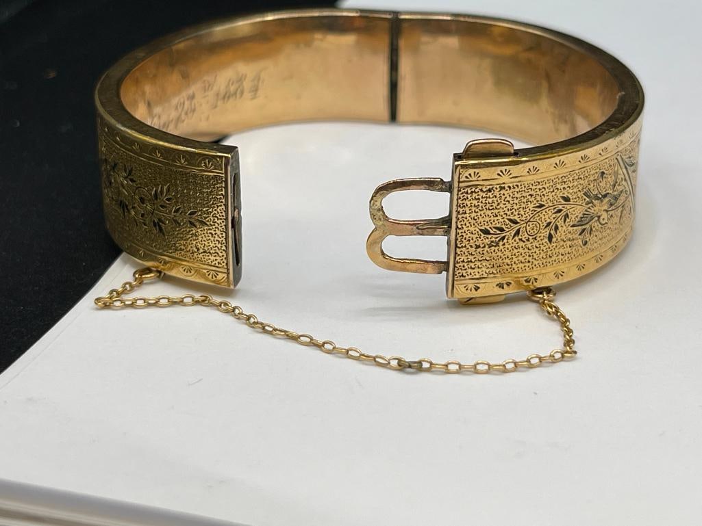 ANTIQUE GOLD FILLED ECTHED FLORAL MOTIF BANGLE BRACELET MARKED 1884 - 7